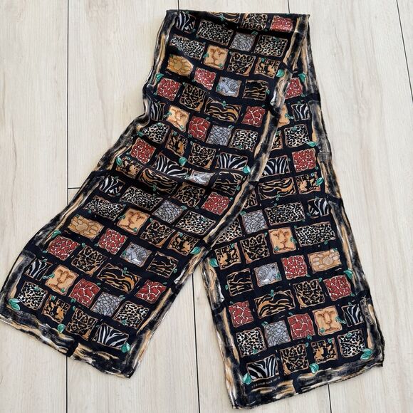 RALPH MARLIN & Co Designer Silk Scarf 11x58“ Long Rectangle Vintage Animal Print - Picture 2 of 4